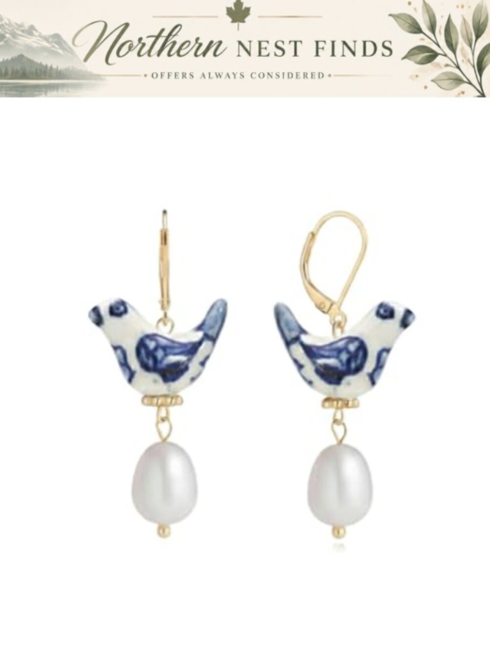 Porcelain Bird Earrings with Freshwater Pearl Dangle Leverback Gift